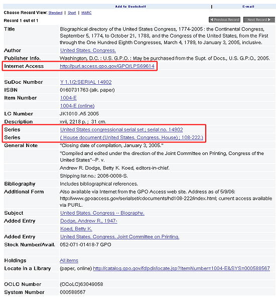 Congressional Document Bibliographic Record.