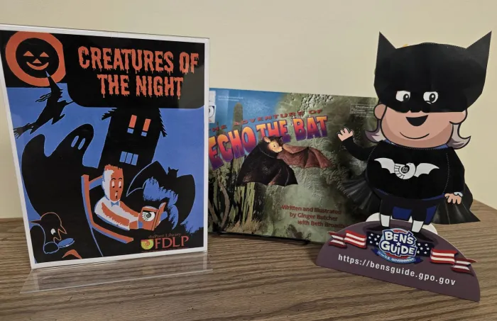 Catch Bat Ben in the dungeon (ground floor) of the Jessie Ball duPont Library at the University of the South with a display featuring nocturnal creatures from the Government documents collection