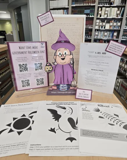 A witchy Ben is giving out free jack-o-lantern carving patterns at Jefferson College Library!